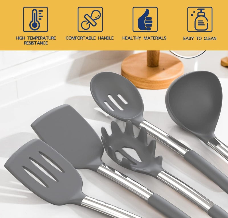Fungun Silicone Cooking Utensil Set, Fungun Non-stick Kitchen Utensil 24 Pcs Cooking Utensils Set, Heat Resistant Cookware, Silicone Kitchen Tools Gift with Stainless Steel Handle (Gray-24pcs) - Image 2